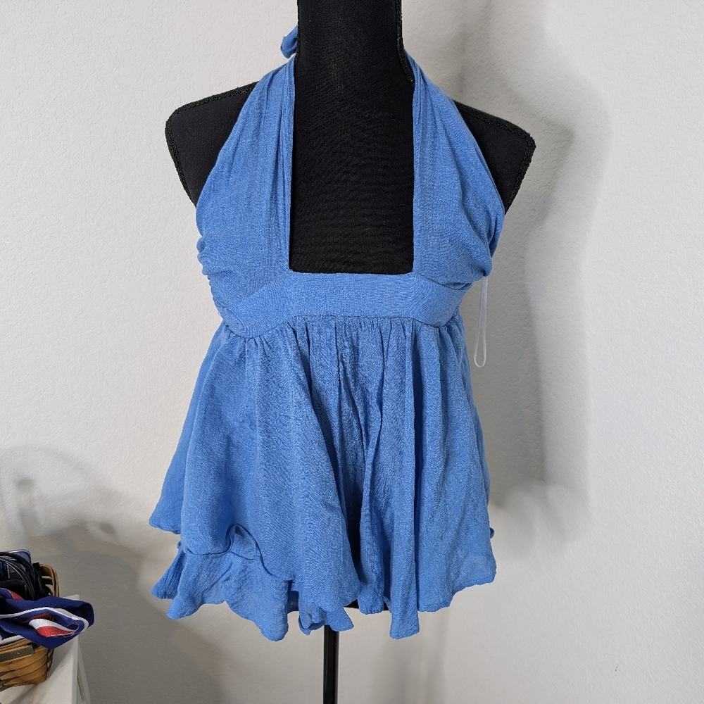 ๐ Princess Polly Bright Blue Veronica Cutout Tie Halter Layered Romper 2US - Picture 6 of 10